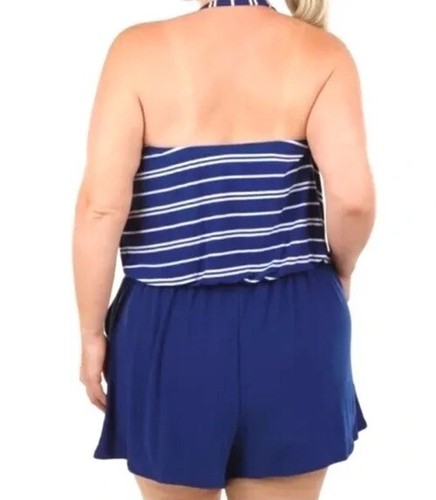 NWT Women’s Robby Len Plus 24W Swimsuit 1pc w/ Shorts Blue White Stripes $60 - Picture 2 of 10
