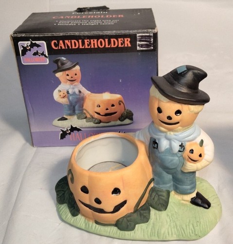PORTAVELAS HALLOWEEN PORCELANA VINTAGE ESPANTAPÁJAROS CALABAZA EN CAJA ORIGINAL - Imagen 6 de 6