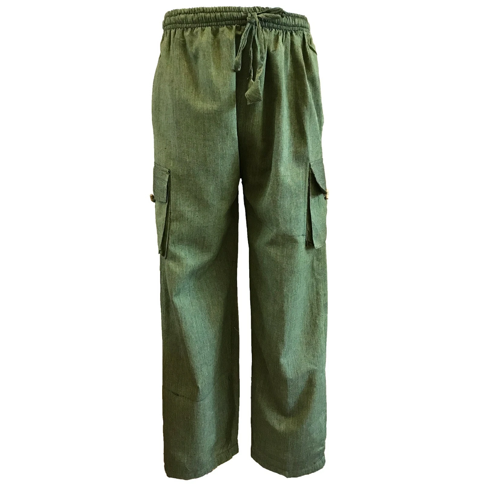 Hippy Boho Cotton Casual Unisex Relaxed Trousers in GREEN with cargo pockets