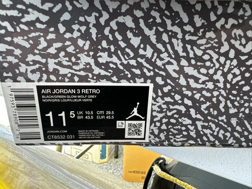 *NEW* Men NIKE Air Jordan 3 Retro Black/Green-Grey (CT8532 031), Sz 11 - Picture 7 of 19