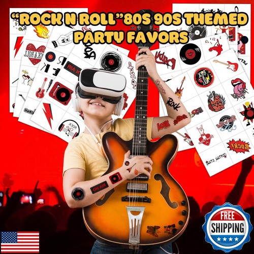 8 Fogli (96PCS) Tatuaggi Rock N Roll Temporanei Tema Rock Festa Compleanno Dec - Foto 2 di 5