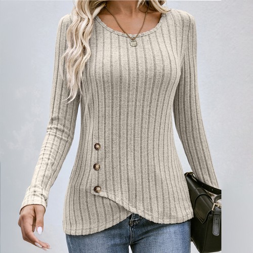 Women Crew Neck Solid Long Sleeve Top Ladies Button Casual Blouse Pullover Shirt - Picture 2 of 16