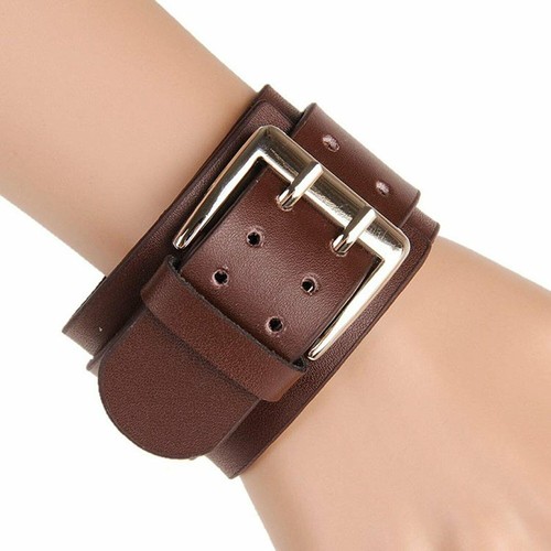 Mens Womens Punk Vintage Wide Leather Cuff Bangle Bracelet Wristband with Buckle - Picture 7 of 21