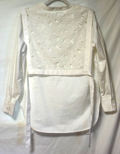BCBG MaxAzria White Cotton Embroidered Flower Overlay Tabard Shirt-Side Tie-M/L - Picture 4 of 13