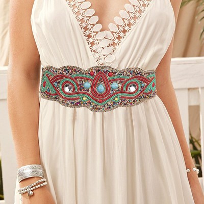 Women Slim Stretchy Waist Seal  Beads Belt Dress Waistband Defitshape Women main image 4