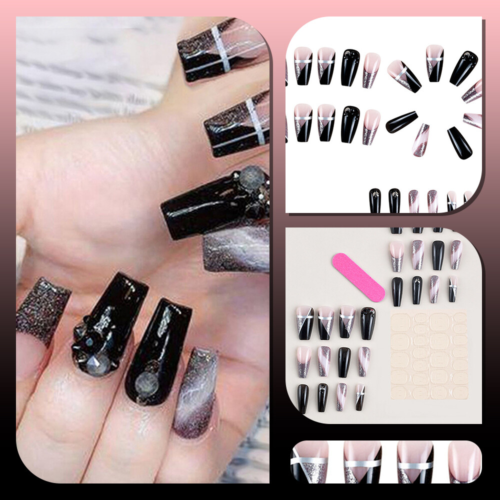 Black Glitter French False Nail Long Coffin Press on Nails for Nail Art  24pcs