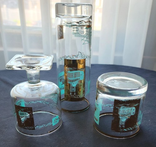 3 Mid Century Modern Libbey Southern Comfort Teal Gold Steamboat Whiskey Tumbler - Picture 4 of 11