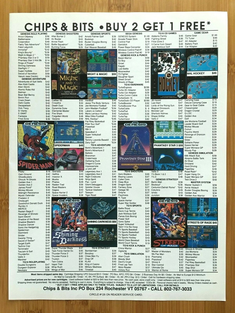 1991 Chips Bits Video Games List Print Ad Poster Retro NES SNES Sega Genesis