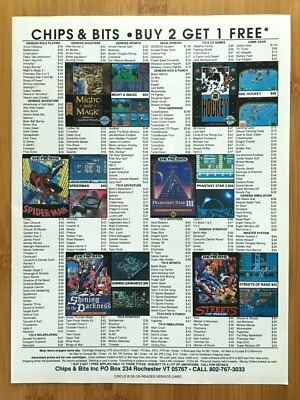 1991 Chips & Bits Video Games List Print Ad/Poster Retro NES SNES Sega Genesis