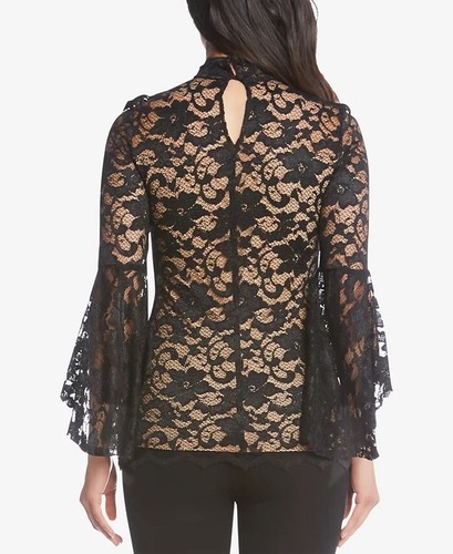 Top KAREN KANE Negro Desnudo Encaje Transparente Cuello Simulado Cerradura Manga Campana XL = 14 16 EE. UU. - Imagen 2 de 5