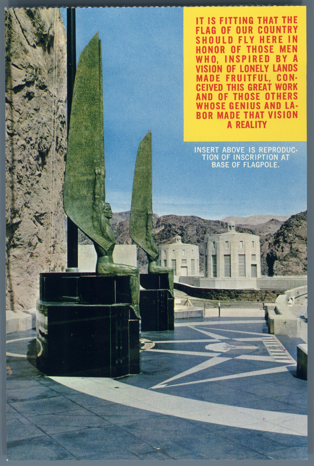 Postcard Hoover Dam Flag Figures of the Replubic Bronze Statues Black