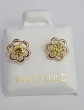 Clearance Baby Kids Flower Peridot CZ Stud Earrings 14K Yellow Gold Screwback