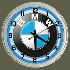 16" BMW Sign Blue Neon Clock Chrome Case Bavarian Motor Works Man Cave