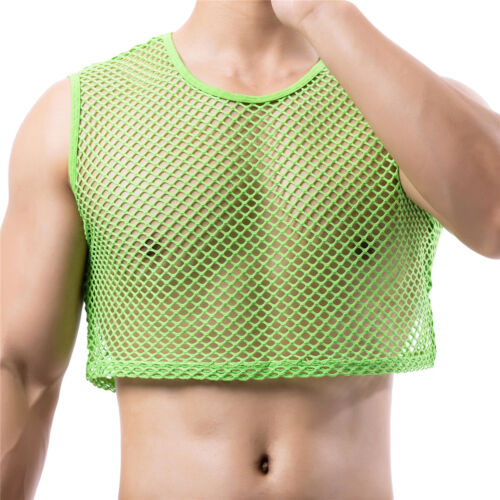 Men's Fishnet Crop Tops Mesh See Through Half Tank Tops T-Shirts Male Mini Vest - Bild 6 von 51
