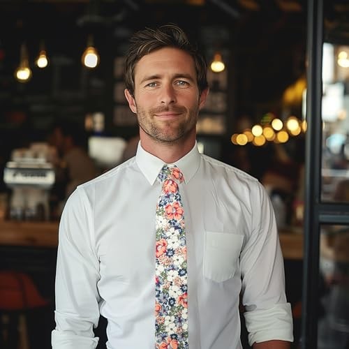 2.4" Cotton Floral Skinny Tie for Men Flower Print Navy/White/Olive/Pink - Picture 3 of 4