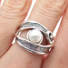 HAGIT GORALI 925 Sterling Vintage Israel Pearl Modernist Oxidized Ring Size 6.75