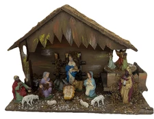 LARGE Lighted Musical Nativity Scene Wood Stable Resin Figures Italy Silent Nite
