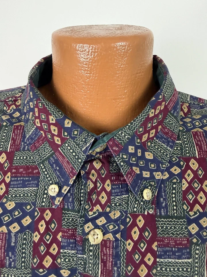 Camisa Geométrica Vintage Años 90 Hombres 3XL GRANDE Abotonada Borgoña Verde Azul Marino Algodón Foto 3 de 4