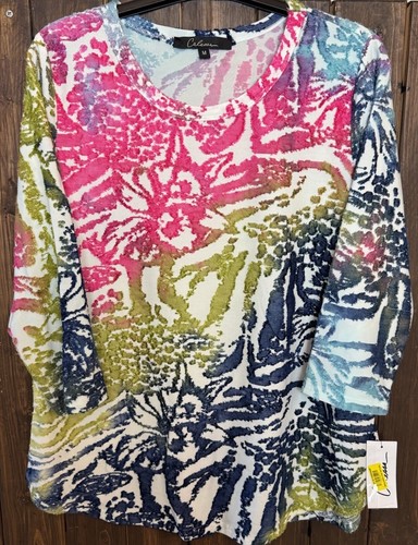Calessa Size M Colorful Textured Abstract 3/4 Sleeve Tunic Shirt Artsy Boho - Picture 2 of 11