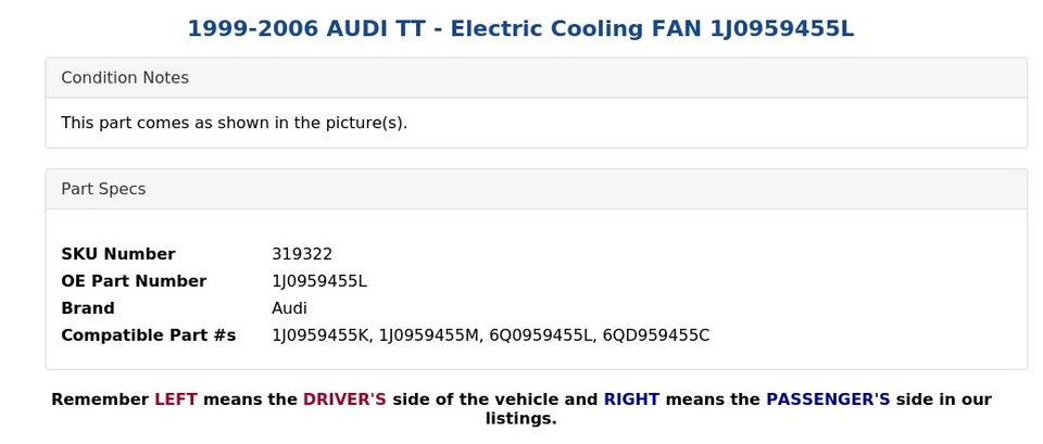 AUDI TT 1999-2006 - Ventilador de refrigeración eléctrico 1J0959455L Foto 3 de 4