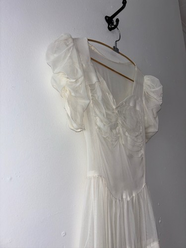 Vintage 1930s 40s Sheer Ivory Silk Organza Puff Sleeve Full Length Gown  XS/S - Picture 11 of 24