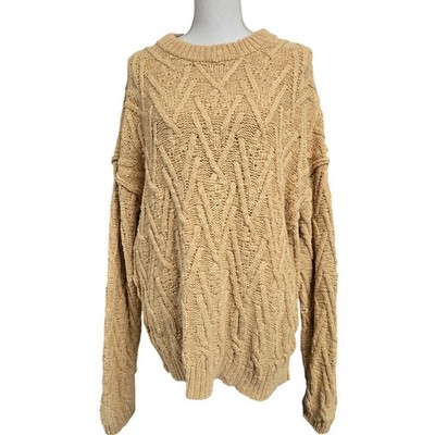 Free People Isla Cable Knit Sweater Yellow Tan Oversized Crew Neck Size M