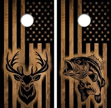 Deer Bass American Flag Cornhole Board Wrap LAMINATED Decal Vinyl Sticker #4994