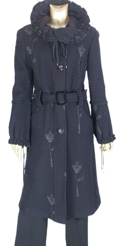 VINTAGE~EC!!~WHiMSiCaL TRINCHERA NEGRA CON CINTURÓN FLORAL APLIQUES BORDADOS LANA TALLA:M - Imagen 7 de 15