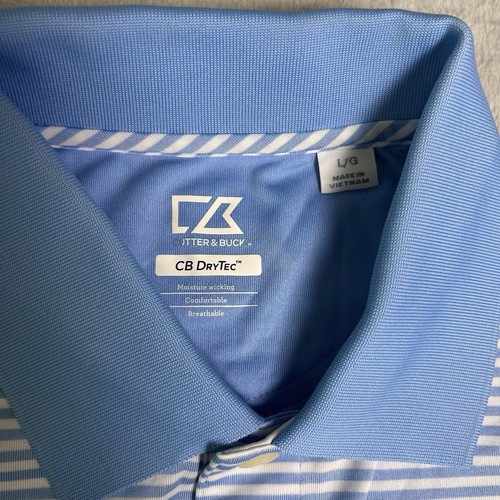 Cutter And Buck Golf Polo Men’s Large Blue white Stripes Drytec Performance - Picture 3 of 8