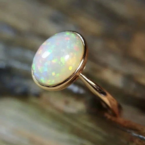 Ethiopian Opal Classic Wedding Ceremony Ring 14K Gold Plated Bezel Set Opal Ring