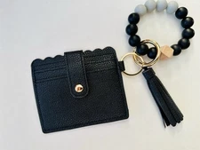 Black Faux Leather Beaded Wallet Wristlet Keychain With Tassel