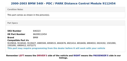 BMW 540I 2000-2003 - PDC/PARK módulo de control de distancia 9112454 - Imagen 3 de 4