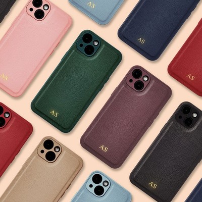 Personalisierte Leder Handyhülle für iPhone 17 16 15 14 13 12 Pro Max Initialen