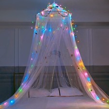 FIOBEE Bed Canopy for Girls Room Curtains with Led Lights White