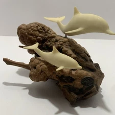 Vintage John Perry Dolphins Sculpture 2 Figures Burlwood Calf Sea 