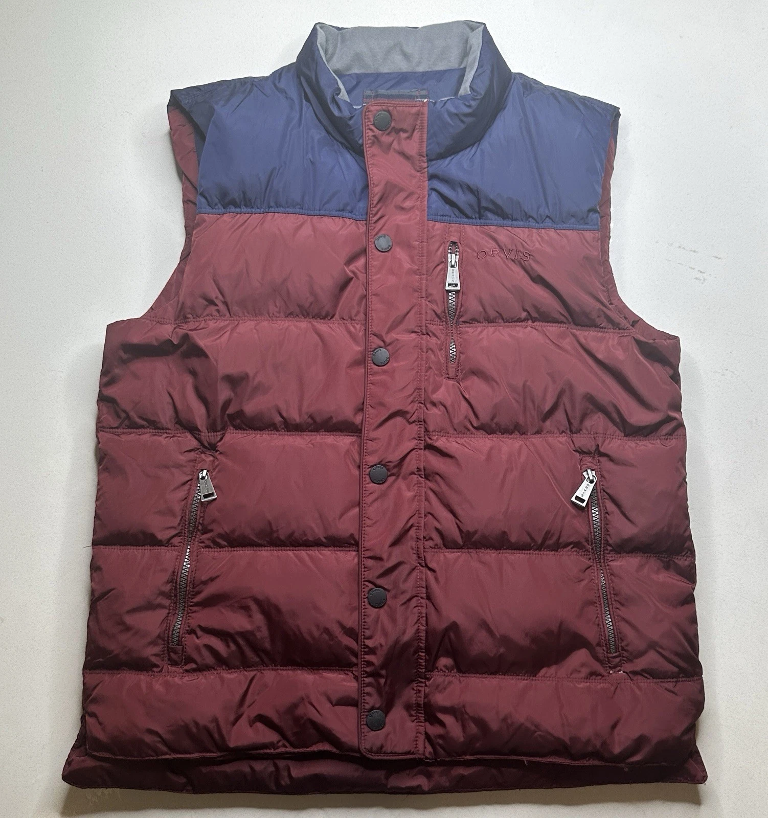 Orvis Essex Duck Down Puffer Vest Mens Size M Blue Red Pockets