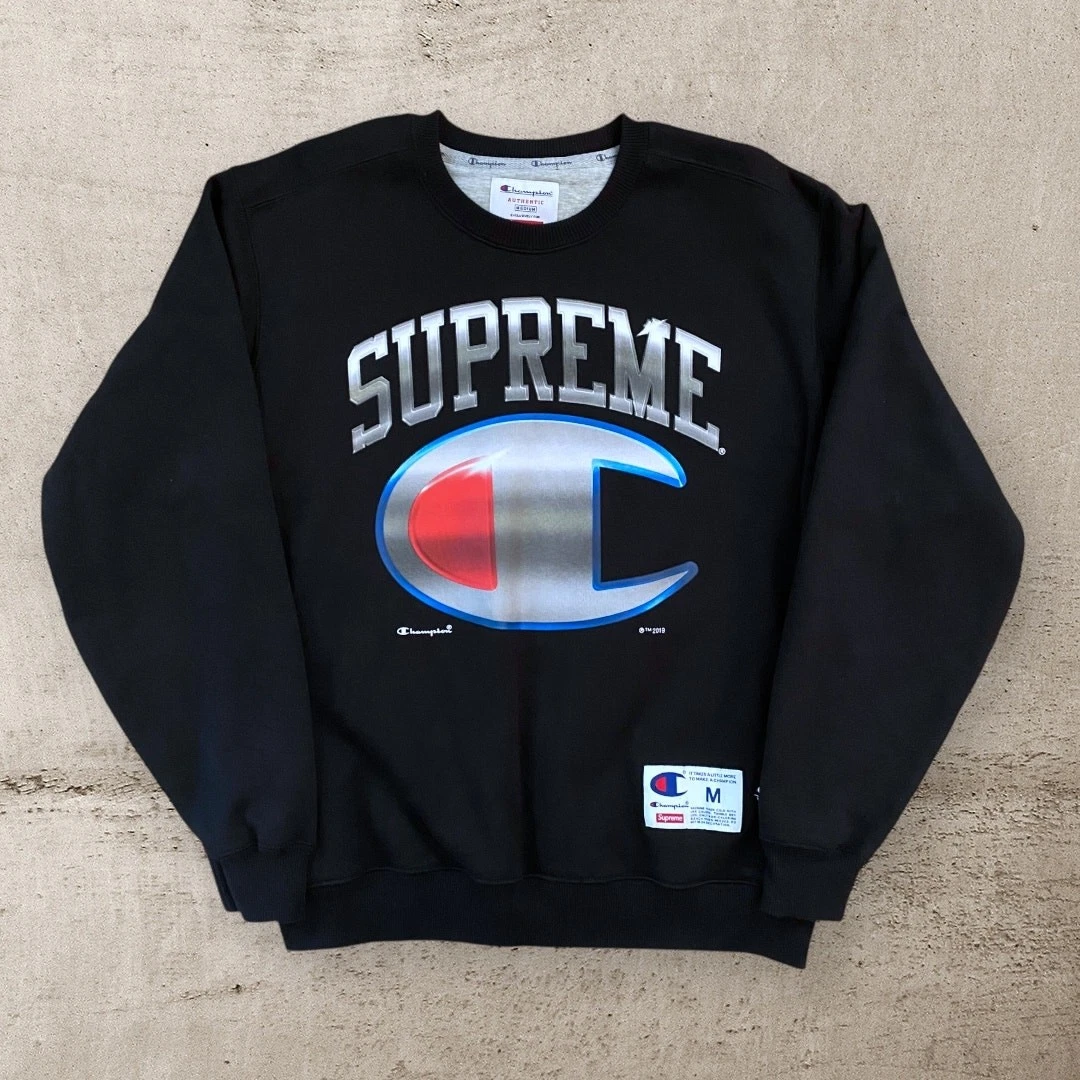 Sweat col rond logo chromé Supreme x Champion 2019 taille M