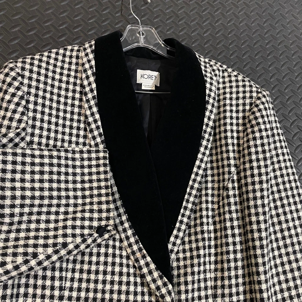 Koret 女式千鸟格西装外套羊毛混纺天鹅绒领黑色白色 27 XL 码 — 第 2/4 张图片
