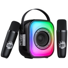 Black Mini Karaoke Machine with 2 Wireless Mics Portable Bluetooth Speaker