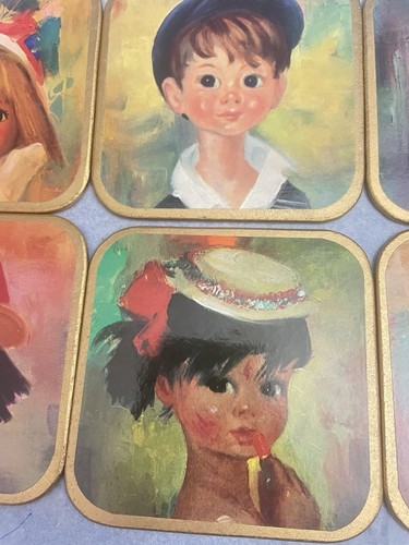Vintage Complete Set In Case Big Eyed Children. Win E.I. Ware Gold Trim Coasters - Picture 8 of 11