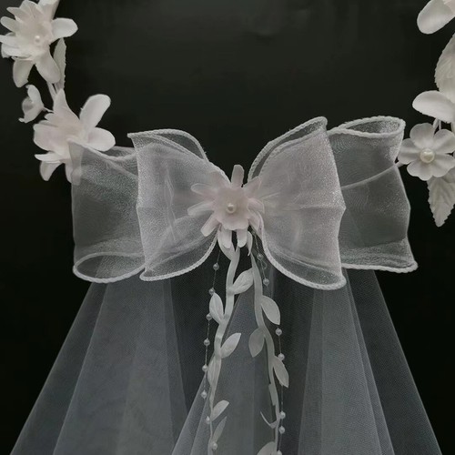 White Bridal Wreath Veils Headdress Petals Bow Vine Pearl Party Wedding Veils - Picture 5 of 8