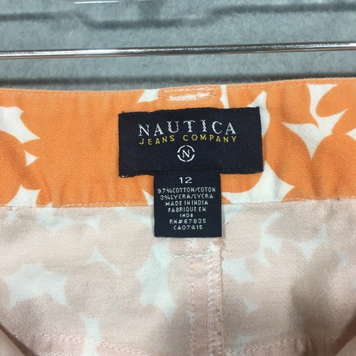 Nautica 12 Orange Floral Denim Skirt Straight Knee Length 70s Retro Stretch - Picture 7 of 9