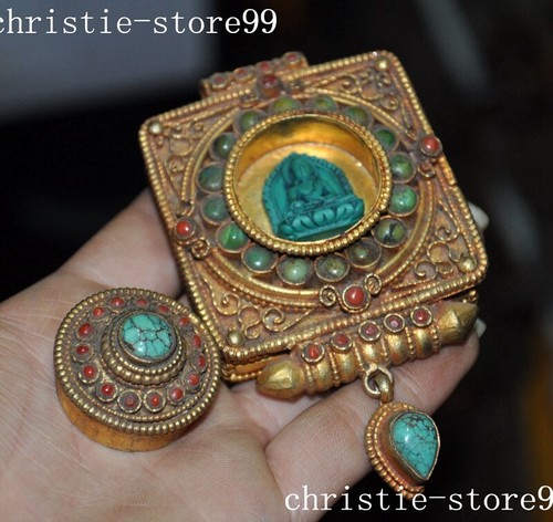 4" Tibetan Buddhism temple bronze Inlay gem Sakyamuni Buddhist altar pendant - Picture 7 of 7