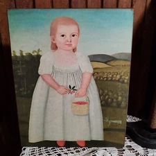 PRIMITIVE VICTORIAN VINTAGE COLONIAL STYLE GIRL PORTRAIT CHERRY CAT CANVAS SIGN