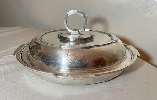 rare antique 19th century silverplate Art Deco engraved covered food dish cloche - Picture 4 of 13