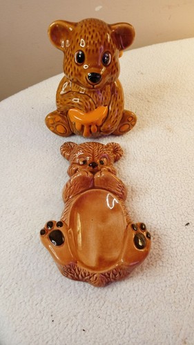 Vintage Ceramic Teddy Bear Spoon Rest & Teddy Bear Honey Pot Jar w/Dipstick
