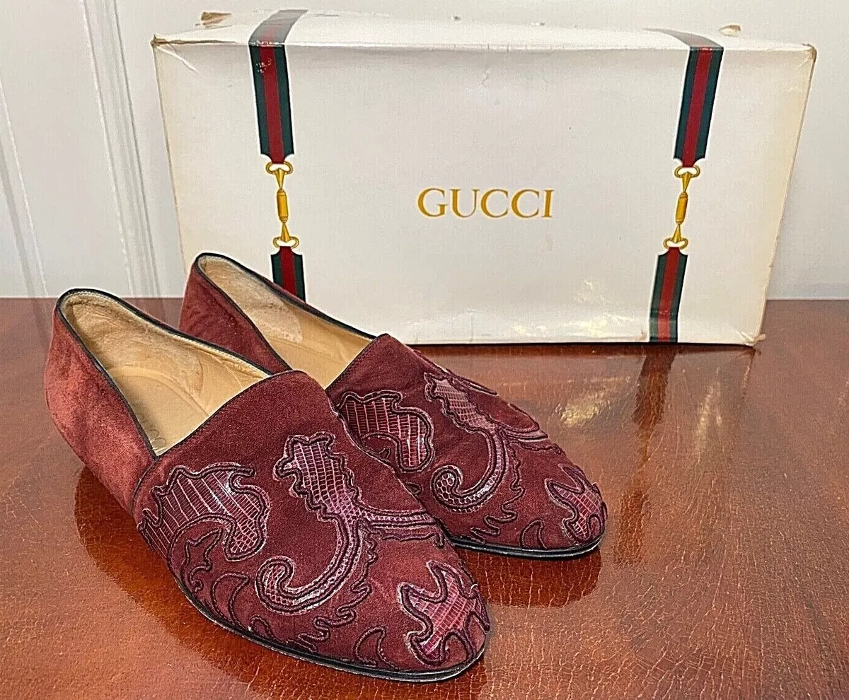 Vtg GUCCI Size 35/US 5 Burgundy Suede Snakeskin Espadrille Slippers Flats  w/Box