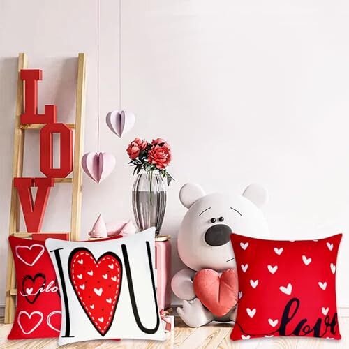 Happy Valentine's Day Pillow Covers 18x18 Set of 4, Pink Heart Love You Red - Picture 4 of 8