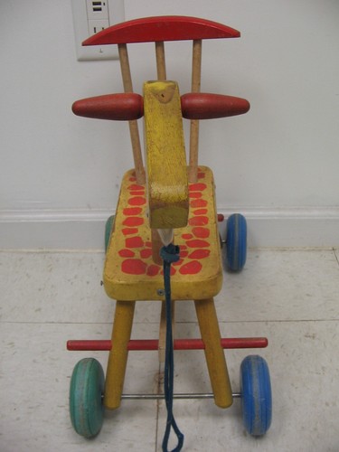 Vintage 1960s Playskool Wooden Giraffe Ride On Scooter 4 Wheel Painted - Picture 4 of 8