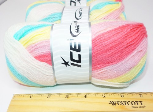 2 Skeins Ice Yarns Baby Batik Yellow Pink Mint White 100gr Yarn!